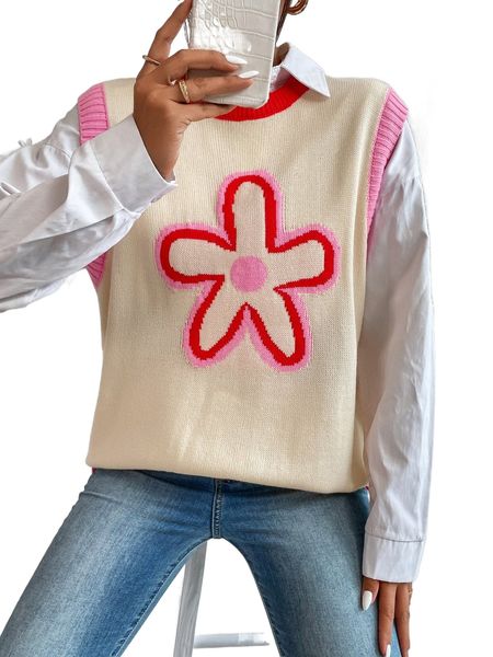 floral pattern contrast trim sweater vest without blouse j925#, White;black