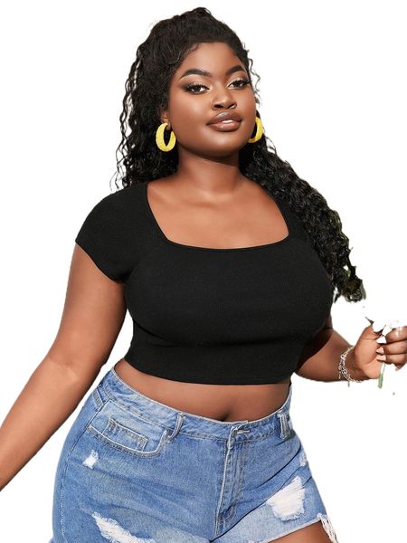 plus square neck raglan sleeve crop tee u4t8#, Black