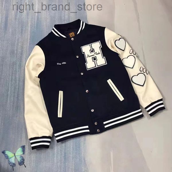 human made varsity jacket sheep tweed uniform love embroidery leather sleeve men's women's baseball jacket w220813, Black;brown
human made varsity jacket sheep tweed uniform love embroidery leather sleeve men's women's baseball jacket w220813, Black;brown
