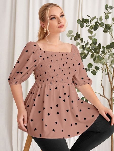 plus heart print puff sleeve shirred milkmaid blouse f485#, Black
