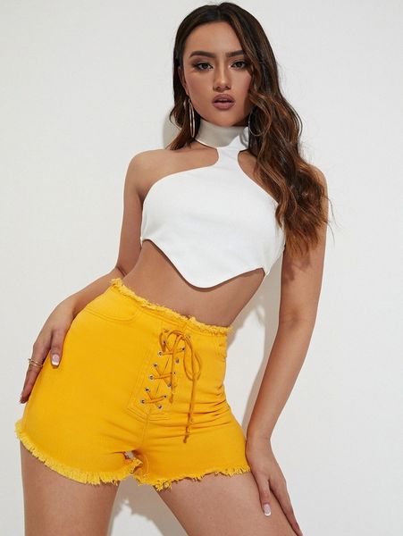 lace up front raw cut denim shorts 69ys#, White;black
lace up front raw cut denim shorts 69ys#, White;black