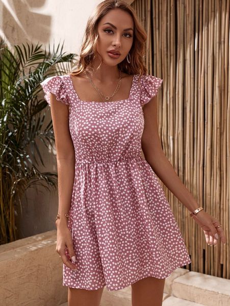 ruffle trim button back ditsy floral dress o4ig#, Black;gray 
ruffle trim button back ditsy floral dress o4ig#, Black;gray