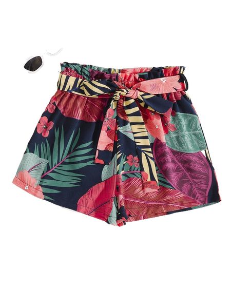 tropical print paper bag waist belted shorts q73q#, White;black 
tropical print paper bag waist belted shorts q73q#, White;black