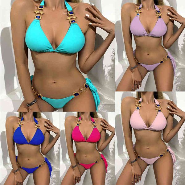 split solid women's blue crystal chain triangle gathered tether exposed bikini, White;black
split solid women's blue crystal chain triangle gathered tether exposed bikini, White;black
