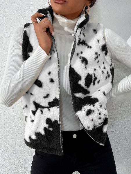cow print teddy vest jacket m6hk#, Black;brown 
cow print teddy vest jacket m6hk#, Black;brown