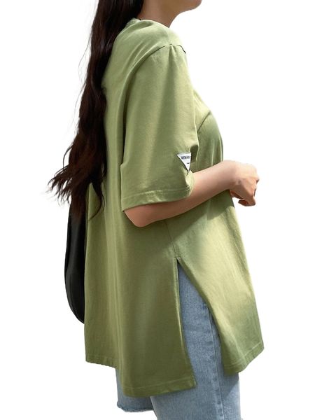 dazy-less letter patched detail split hem drop shoulder tee k7yb#, White 
dazy-less letter patched detail split hem drop shoulder tee k7yb#, White