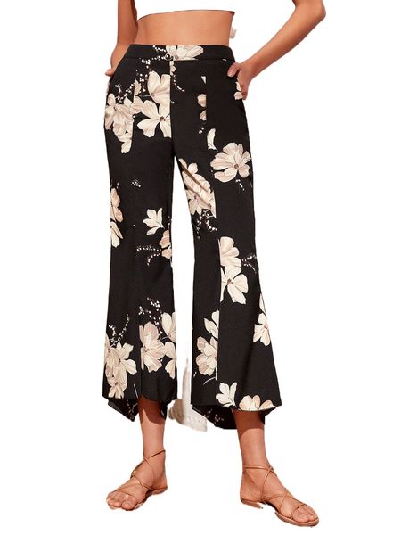 floral print flare leg pants y4xy#, Black;white