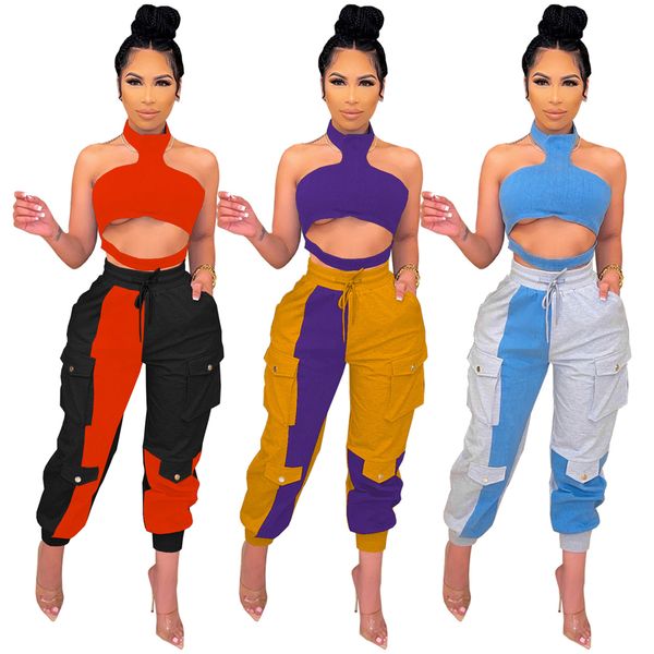 design splicing colors tracksuits for womens halter tube hollow out crop and drawstring pocket pants casual 2 piece sets sz8159, Gray
design splicing colors tracksuits for womens halter tube hollow out crop and drawstring pocket pants casual 2 piece sets sz8159, Gray