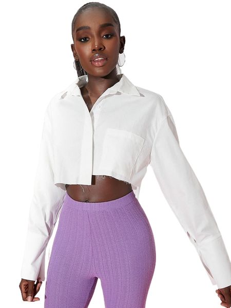 pocket front raw hem crop shirt l4b1#, White
pocket front raw hem crop shirt l4b1#, White