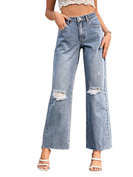 high waist ripped raw trim wide leg jeans z4ds#, Blue 
high waist ripped raw trim wide leg jeans z4ds#, Blue