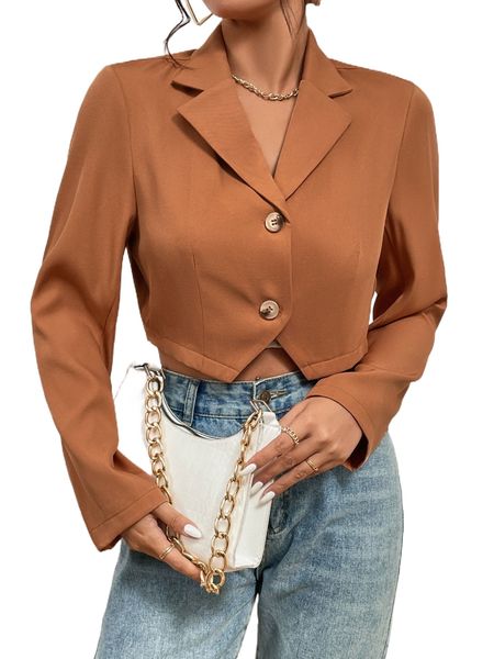 button front asymmetrical hem crop blazer t7hs#, White