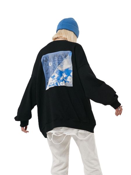 sky and paisley print drop shoulder pullover t5rz#, Black