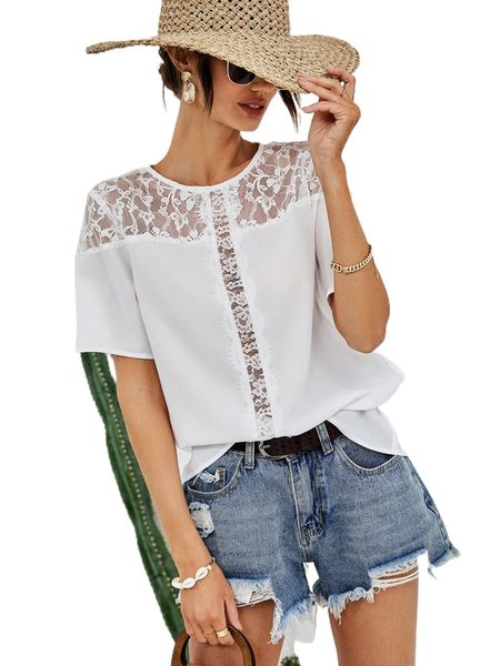 eyelash lace panel blouse i6zc#, White 
eyelash lace panel blouse i6zc#, White