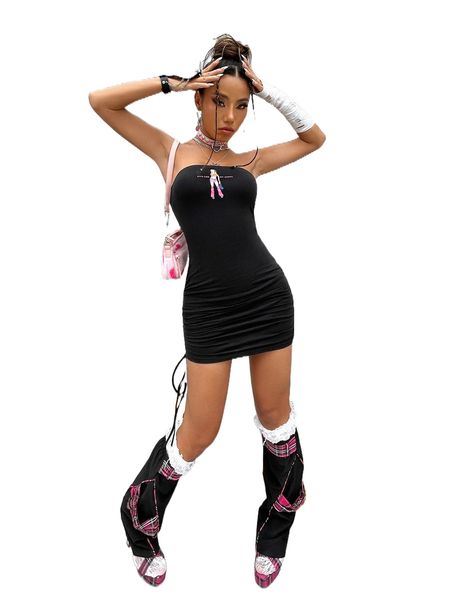 figure & slogan graphic drawstring tube bodycon dress s4hr#, Black;gray