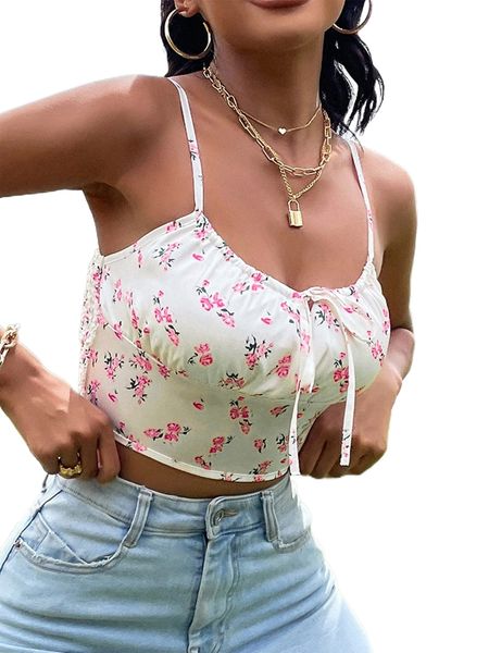 floral print knot front shirred back crop satin cami 0571#, White