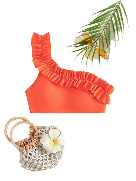 neon orange frill trim one shoulder bikini l5jn#, White;black 
neon orange frill trim one shoulder bikini l5jn#, White;black