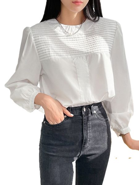 dazy press crease puff sleeve knot cuff blouse 07vu#, White 
dazy press crease puff sleeve knot cuff blouse 07vu#, White