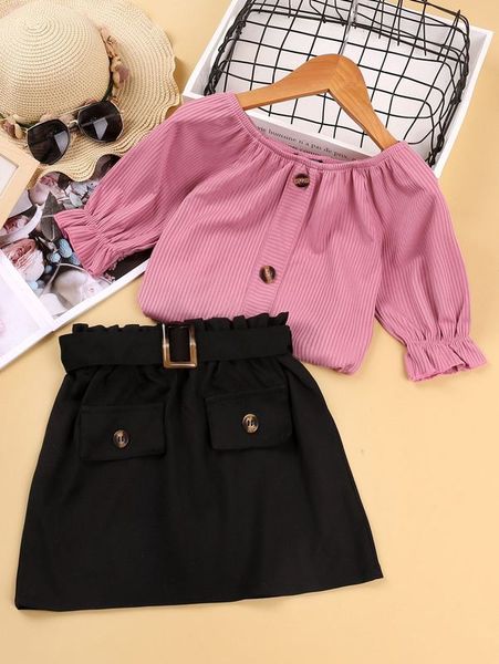 girls single breasted flounce sleeve & flap detail buckled belted skirt she, White 
girls single breasted flounce sleeve & flap detail buckled belted skirt she, White