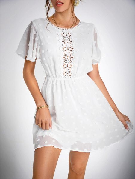 tall swiss dot contrast guipure lace flutter sleeve tie back dress i0kl#, Black;gray
tall swiss dot contrast guipure lace flutter sleeve tie back dress i0kl#, Black;gray