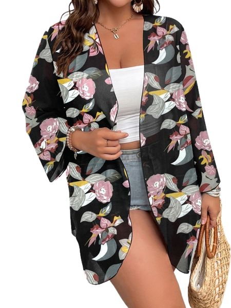 plus floral print kimono f6zq#, Black;gray 
plus floral print kimono f6zq#, Black;gray