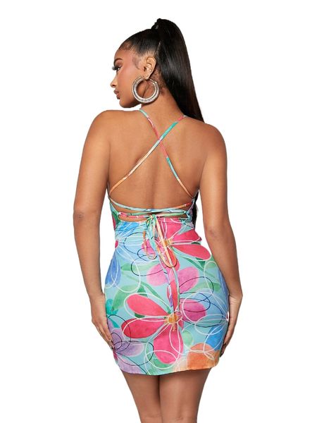 sxy floral print lace up back cami dress s4hg#, Black;gray 
sxy floral print lace up back cami dress s4hg#, Black;gray