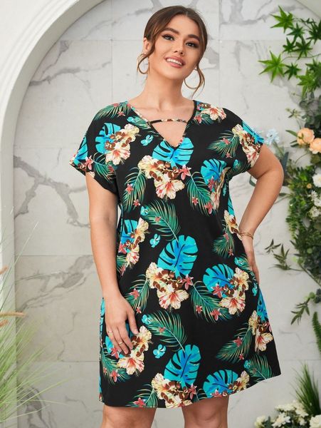 plus tropical print tunic dress c1n4#, Black