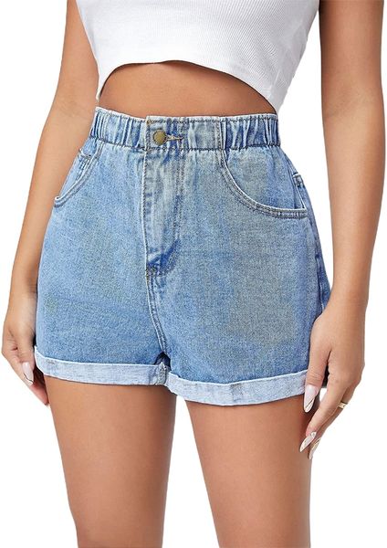 women's elastic high waisted denim shorts rolled hem jean shorts with pockets x6fa#, White;black
women's elastic high waisted denim shorts rolled hem jean shorts with pockets x6fa#, White;black
