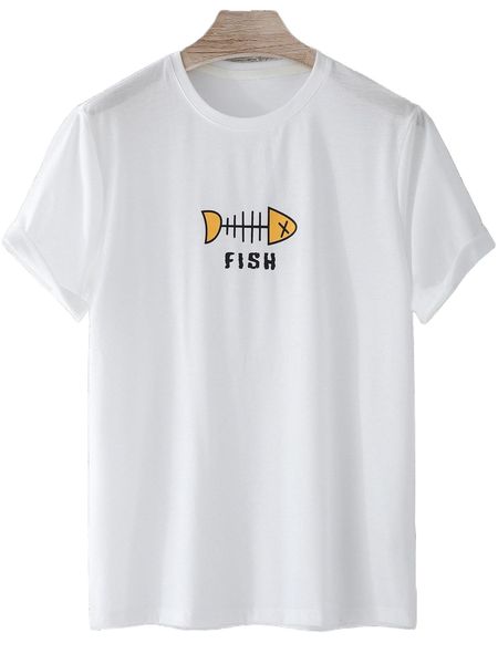 men letter & fish bone print tee n935#, White;black