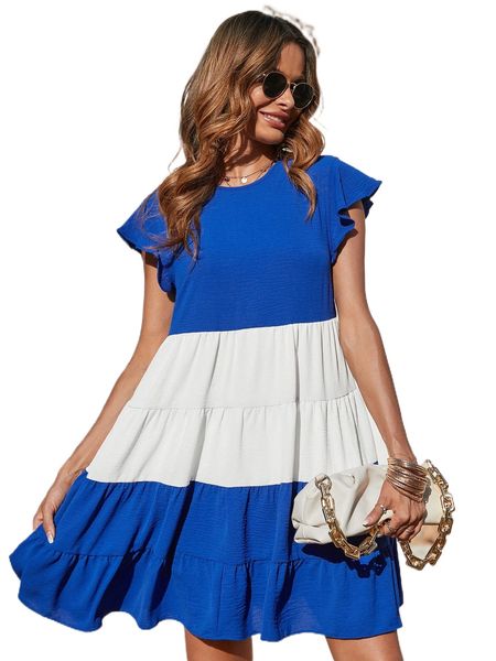 two tone ruffle sleeve smock dress a4e9#, Black;gray
two tone ruffle sleeve smock dress a4e9#, Black;gray