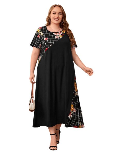 emery rose plus plaid & floral print tee dress h26i#, Black