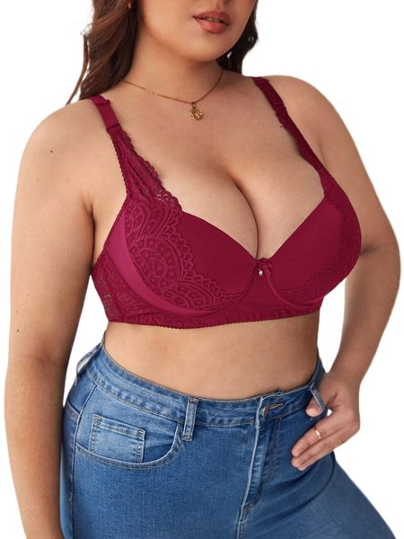 plus lace bow front push up bra f9va#, Black;white