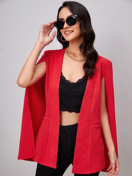 solid open front cloak sleeve blazer e90l#, White