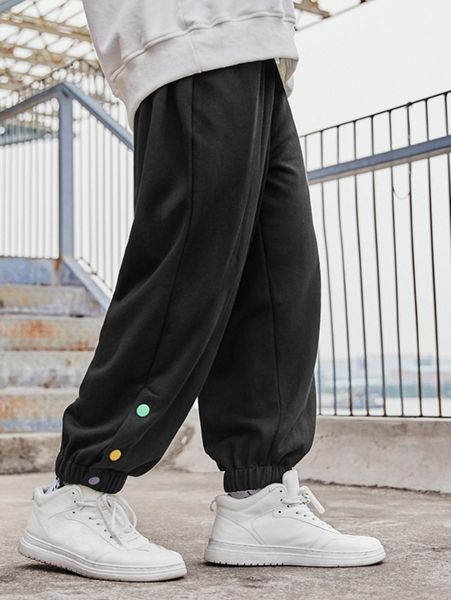 men drawstring waist button sweatpants n9gs#, Black 
men drawstring waist button sweatpants n9gs#, Black