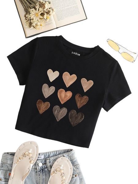 heart print crop tee l95v#, White
