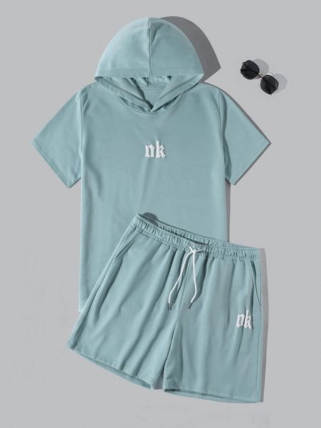 men random letter graphic hooded tee & drawstring waist shorts 24bz#, Gray 
men random letter graphic hooded tee & drawstring waist shorts 24bz#, Gray