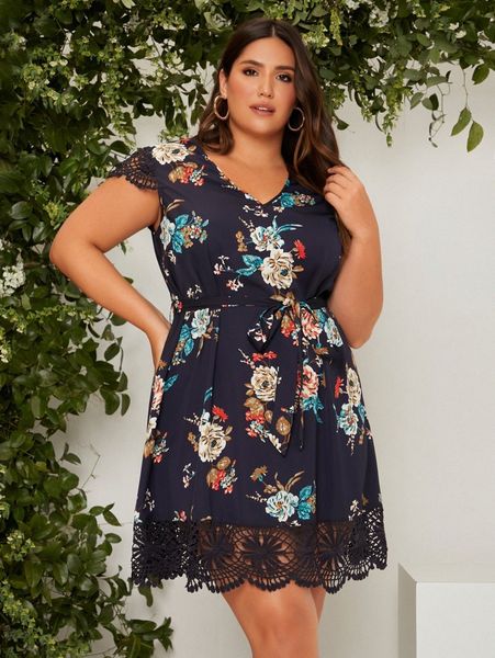 plus floral print contrast lace dress h08x#, Black