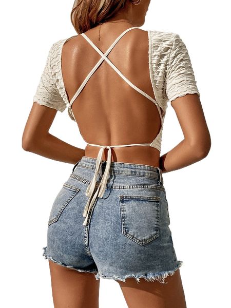 crisscross backless knot lettuce trim crop s8bj#, White 
crisscross backless knot lettuce trim crop s8bj#, White
