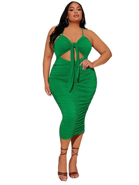 sxy plus tie front cut out ruched cami dress n2at#, Black