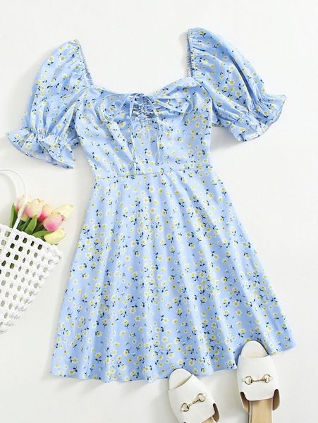 puff sleeve ruched front ditsy floral dress 44se#, Black;gray