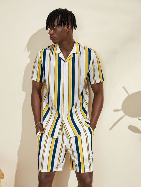 men block striped shirt & shorts t377#, Gray