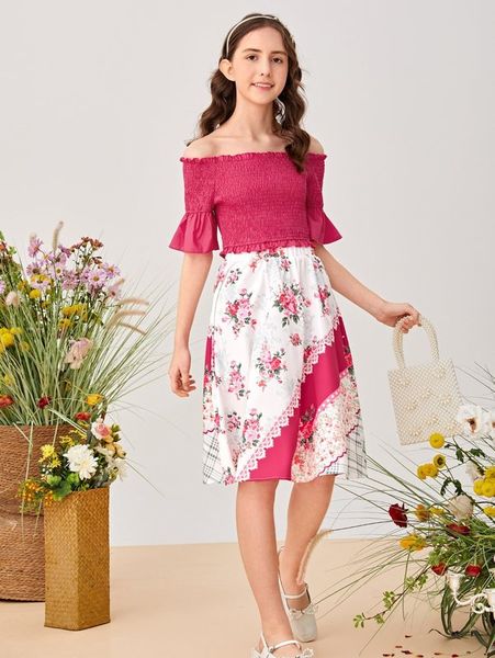 teen girls off the shoulder frill trim shirred & floral print skirt she, White
teen girls off the shoulder frill trim shirred & floral print skirt she, White