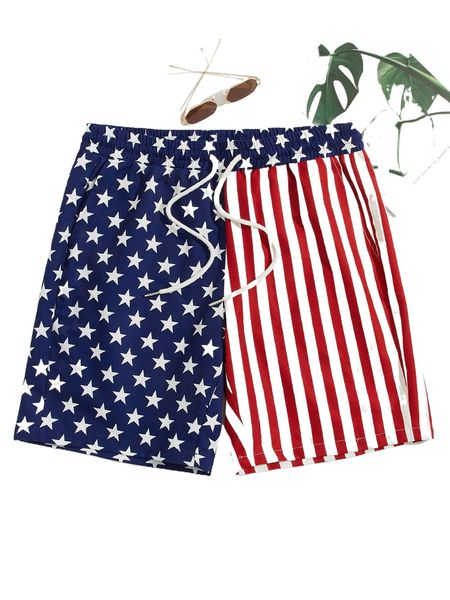men flag print drawstring waist shorts h2ap#, White;black