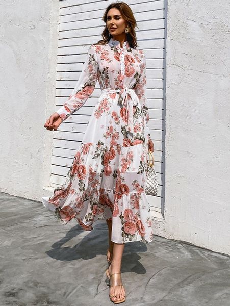 missord allover floral print tiered hem belted dress z90s#, Black;gray