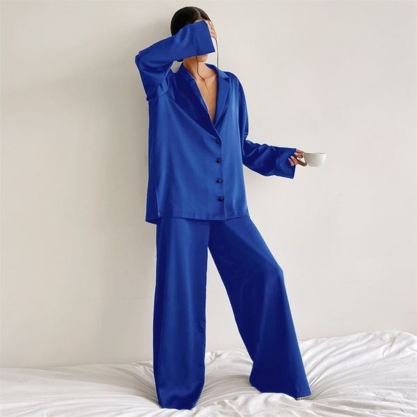 restve loose sleepwear female 2 piece set satin turn down collar long sleeve solid casual women sets with pants summer 220421, Black;red
restve loose sleepwear female 2 piece set satin turn down collar long sleeve solid casual women sets with pants summer 220421, Black;red