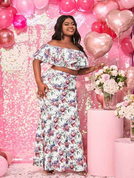 x agata plus floral print off shoulder crop & mermaid hem skirt x1fn#, Black 
x agata plus floral print off shoulder crop & mermaid hem skirt x1fn#, Black