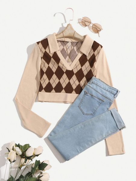 v-collar argyle print tee e2kw#, White
v-collar argyle print tee e2kw#, White