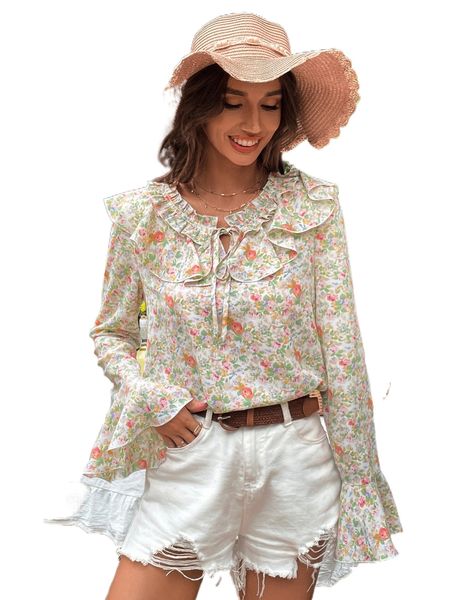 allover floral print ruffle trim flounce sleeve blouse l5kh#, White