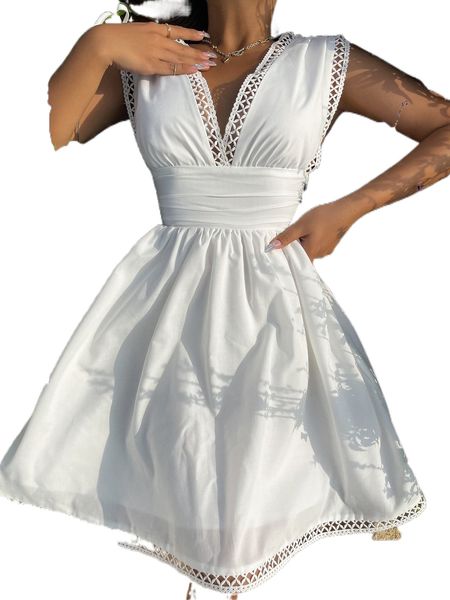 drawstring shoulder deep v-neck a-line dress w9d4#, Black;gray