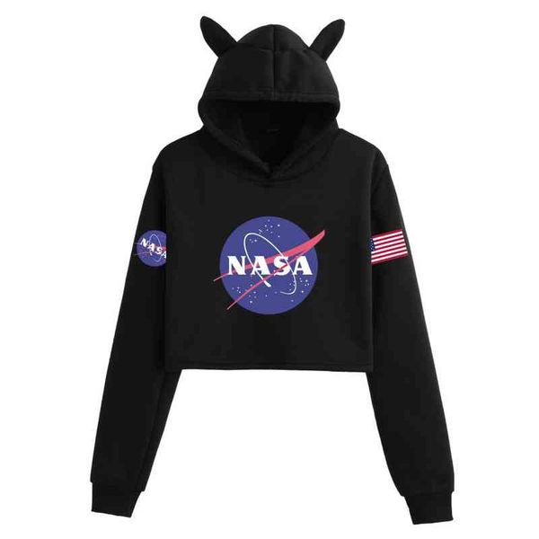 2020 new diy nasa printed fashionable cat ear open navel hoodie for women, Black
2020 new diy nasa printed fashionable cat ear open navel hoodie for women, Black