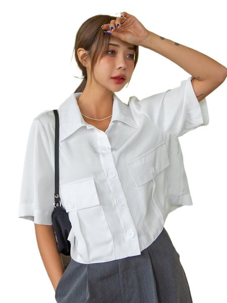 dazy flap pocket button front blouse x3t7#, White
dazy flap pocket button front blouse x3t7#, White